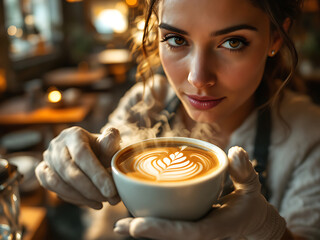 Warm Portrait of a Barista Offering Latte With Intricate Foam Art. A close-up of a barista in a cozy cafe holding a steaming cup of coffee with beautiful foam art. 