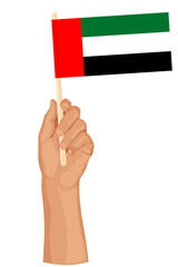 Hand holding the flag of United Arabs Emirates. Patriotic illustration in simple flat style