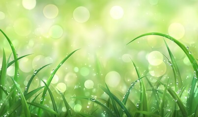 Obraz premium Green border of grass. Many dew drops glow and sparkle in sun in morning fresh wet grass in nature. Beautiful bokeh circles.