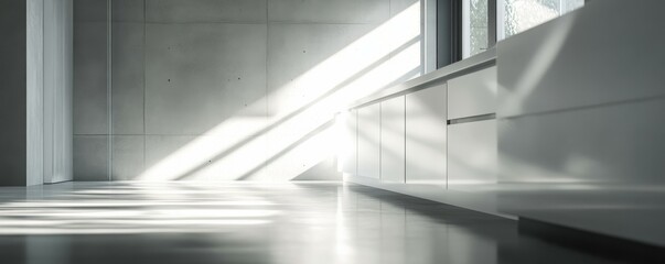 Obraz premium Modern minimalist kitchen with sunlight streaming on white cabinets and countertops.