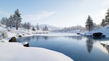 Snowy Mountain Lake in Winter