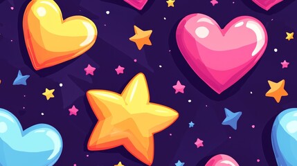 Colorful hearts and stars pattern on a dark background creates a lively and playful atmosphere