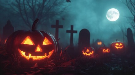 Fototapeta premium A Glowing Jack-o'-Lantern in a Spooky Graveyard on a Foggy Halloween Night