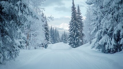 Fototapeta premium Snowy winter landscape road mountain area