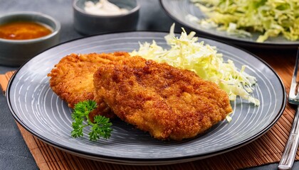 シンプルなヒレカツ、サクサク感のある衣、付け合わせにキャベツの千切り Generated by AI	