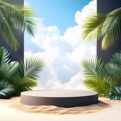 Fototapeta premium Vibrant Tropical Podium Palm Leaves and Sandy Textures