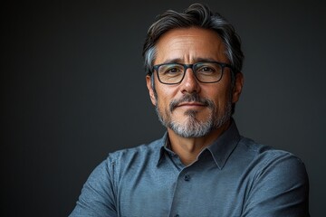 Fototapeta premium A confident man with glasses poses against a dark background, exuding professionalism.