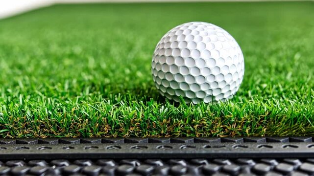 Golf ball resting on artificial turf at an indoor putting green during a training session