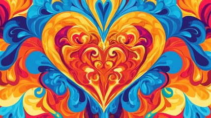 Colorful heart design showcasing intricate patterns in vibrant shades of orange, blue, and yellow in a modern art style