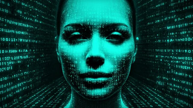 Female face composed of glowing binary code symbols immersed in a digital matrix. Futuristic concept representing artificial intelligence, machine learning technology and the cyber world, 3d rendering