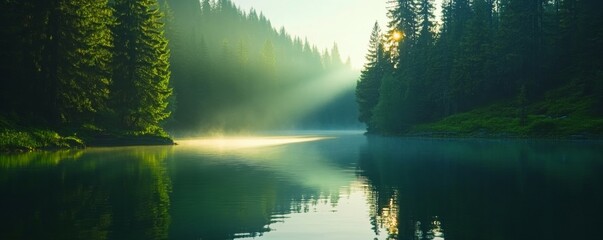 Obraz premium Peaceful sunrise over serene lake with lush green forest reflections.