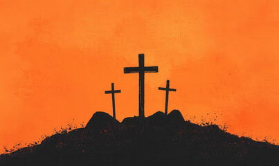 Visual Poetry of Three Crosses at Sunset: A Symbolic Representation of Faith and Reflection Against a Vibrant Orange Sky