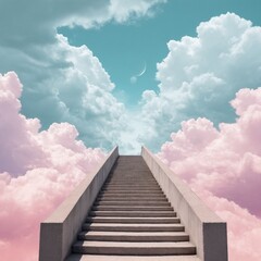 Pastel dreamscape stairway with clouds and sky