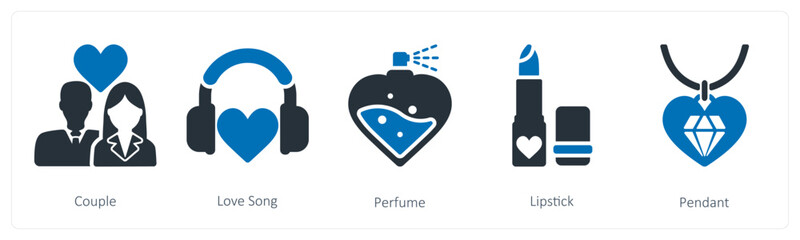 A set of 5 valentine's day icons as  couple, love song, perfume