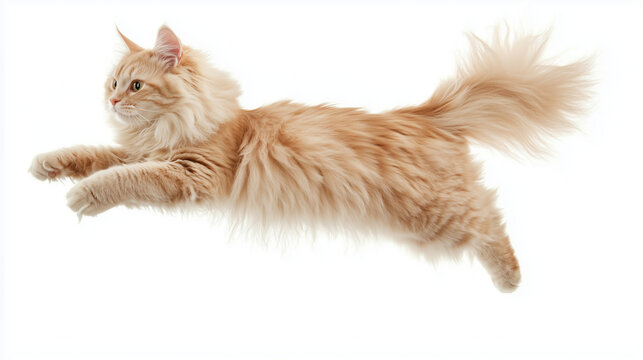 Fluffy ragamuffin cat jumping on white background