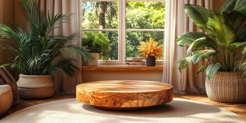 Serene Living Room with Wooden Coffee Table and Lush Greenery