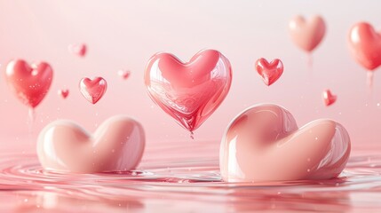 Floating hearts create a dreamy atmosphere in soft pink hues above calm water surface