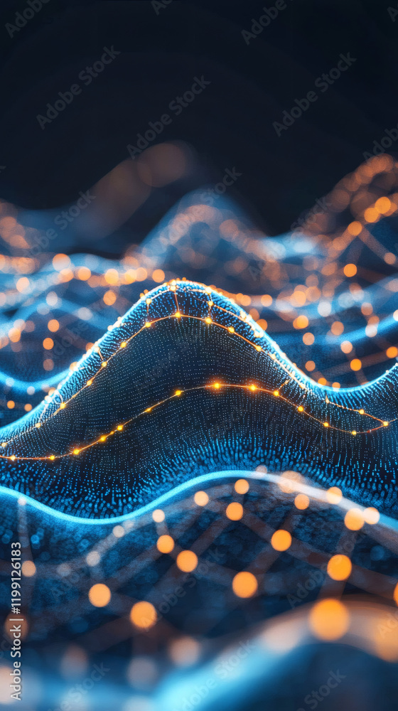 Aufkleber futuristic digital data landscape forming a wavy surface with glowing dots and lines, resembling a m