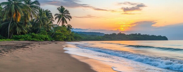 Serene tropical beach at sunset with palm trees and waves.