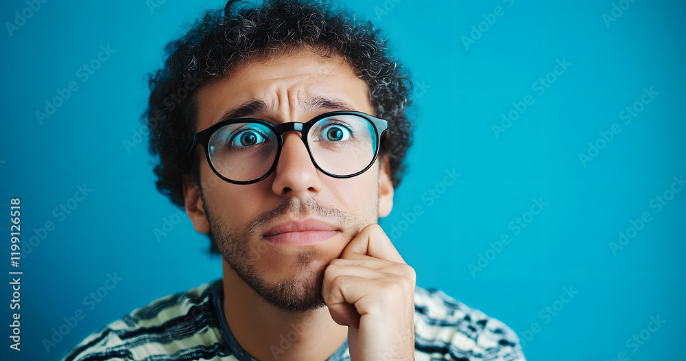 Wall mural thinking, face and man with glasses for brainstorming, problem solving or idea on blue background in
