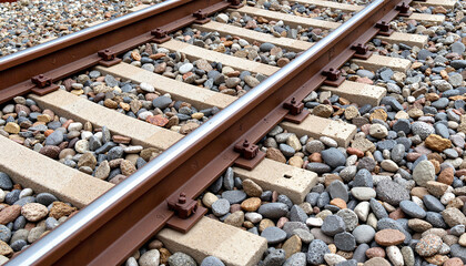 Naklejka premium Steel railway tracks with gravel stones, industrial landscape