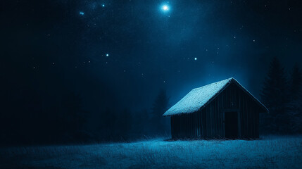 Nativity Scene of Wooden Stable Under Starry Night Sky with Holy Birth Concept