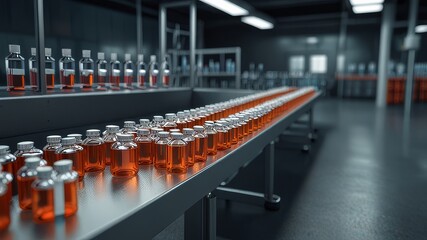 Automated conveyor line in pharmaceutical manufacturing facility with glass bottles