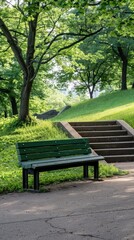 A green park bench sits on a concrete floor while a grassy hill rises to the right, where wooden stairs lead up into the lush green trees. Warm sunlight enhances the vibrant scenery