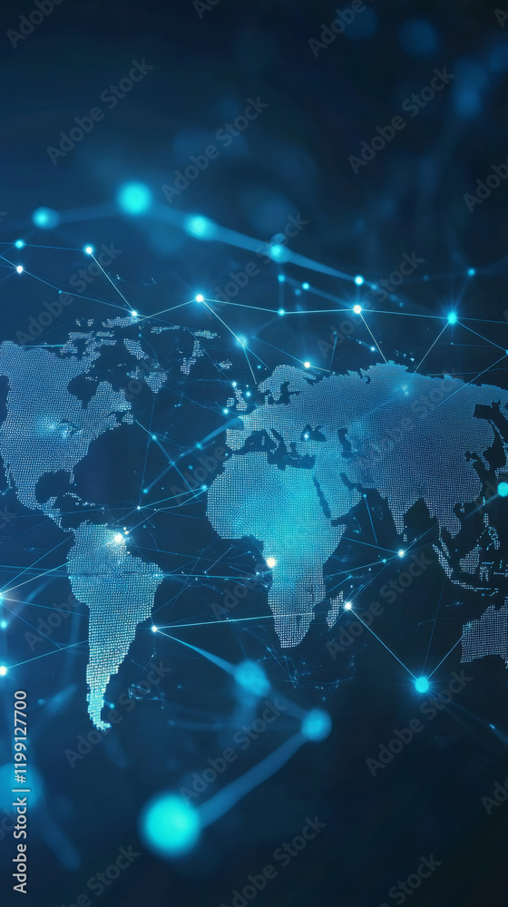 Aufkleber Futuristic world map showing global network and data exchange with glowing lines and bright spots on dark blue background