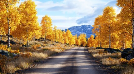 Obraz premium A scenic road lined with vibrant autumn trees and mountains.