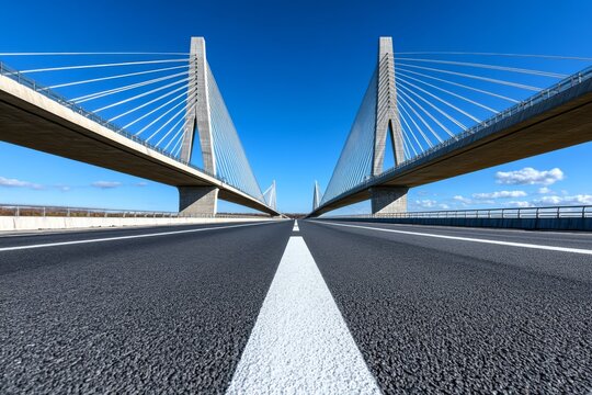 Impressive cable-stayed bridge spans across a smooth highway under a clear blue sky