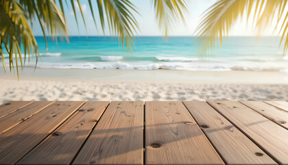 Tropical Paradise: Wooden Deck, Palm Fronds, and Blurred Beach Bliss