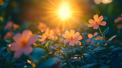 Sunset illuminating pink flowers in a garden. (1)