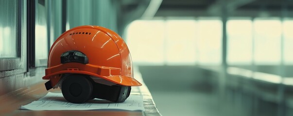 Industrial architecture design with safety helmet and blueprints in construction setting.