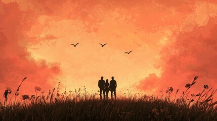 Fototapeta premium Couple stands together in a grassy field under a vibrant sunset with birds flying in the sky