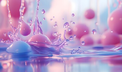 Pink and blue liquid splashing with spheres.
