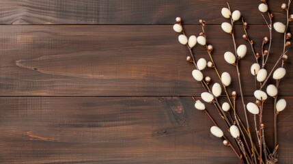 A creative arrangement of young catkins and green leaves showcases the beauty of spring. The bouquet, placed on a rustic wooden surface, adds a festive touch for Easter celebrations