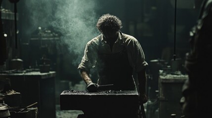 In a dark, smoky forge, a dedicated blacksmith focuses intently on shaping a glowing piece of metal