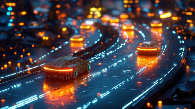 Advanced transportation system in a smart city, featuring glowing digital pathways and cars driving under AI-controlled networks