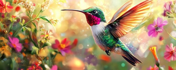 Vibrant hummingbird in colorful garden with flowers and sunlight.