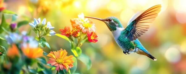 Vibrant hummingbird in colorful garden with flowers and sunlight.