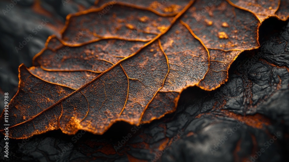 Poster Intricate, rust-colored patterns of an old leaf catch the light against a textured dark background, showcasing nature's artistry in decay. Delicate veins and crumbles tell stories of time
