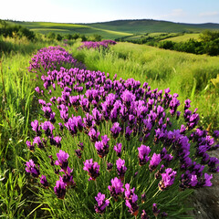 Obraz premium A patch of blooming lavender in full bloom, its purple flowers contrasting with the green summer landscape