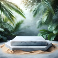 Fototapeta premium Paradise Perch Marble Podium with Palm Leaves and Sandy Textures