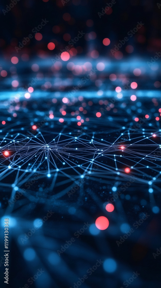 Poster Intricate network of lines and glowing nodes representing data flow and connectivity in a dark digital environment