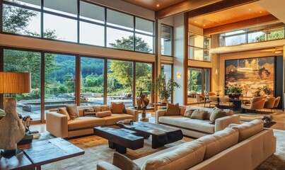 Interior of spacious luxurious living room with comfortable sofa and chairs next to bright windows at contemporary home