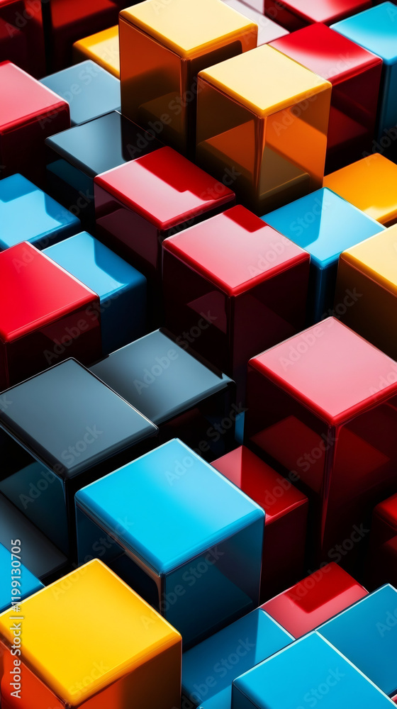 Poster vibrant geometric cubes interlocking, creating luminous abstract composition with dynamic color inte