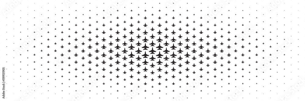 Aufkleber horizontal halftone of black fighter plane spread from center for pattern and background.