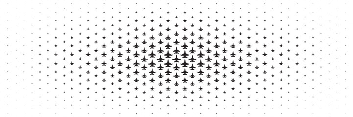 horizontal halftone of black fighter plane spread from center for pattern and background.