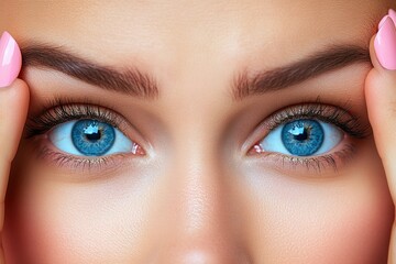 Obraz premium Close-up of a woman's striking blue eyes framed by hands, showcasing beauty and detail.